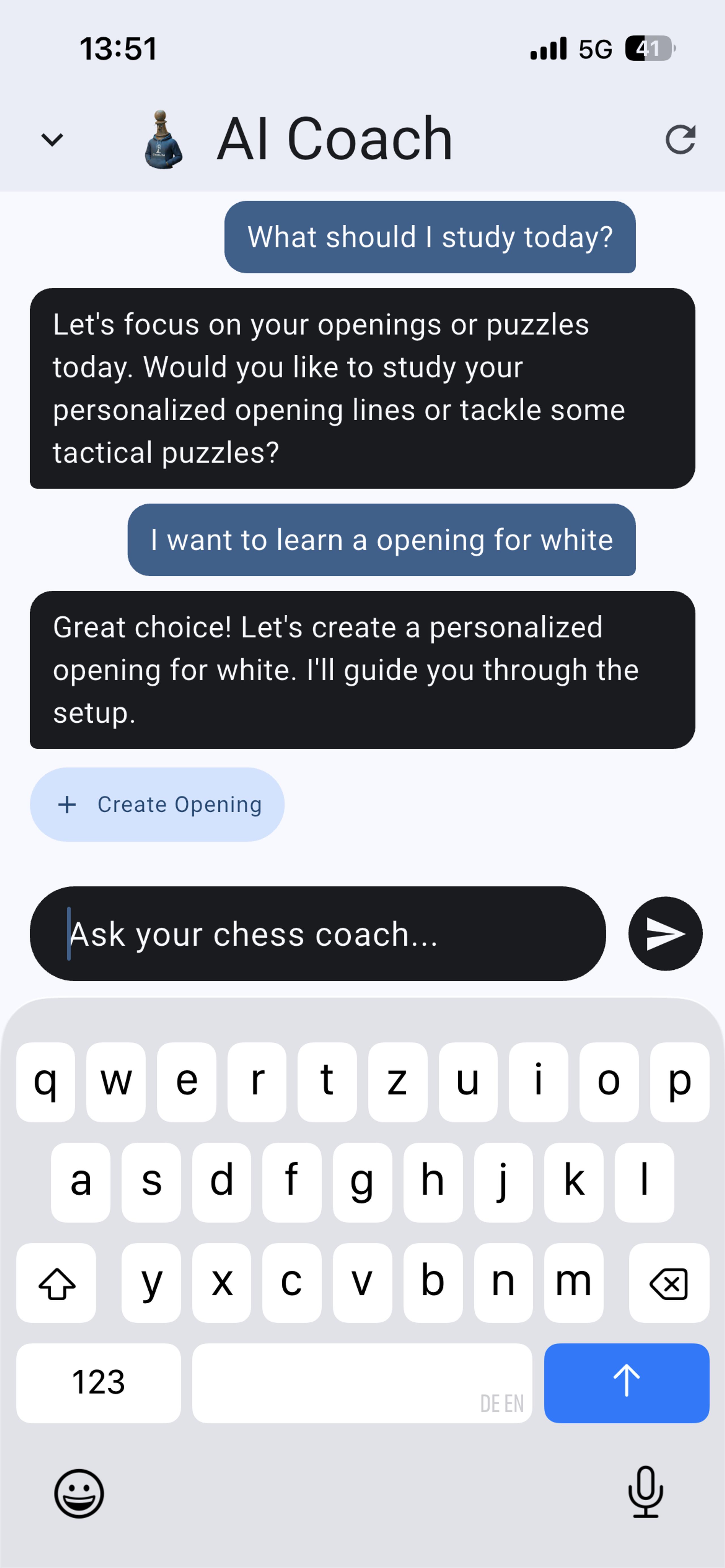 ChessLine AI coach chat interface helping a player choose personalized chess training
