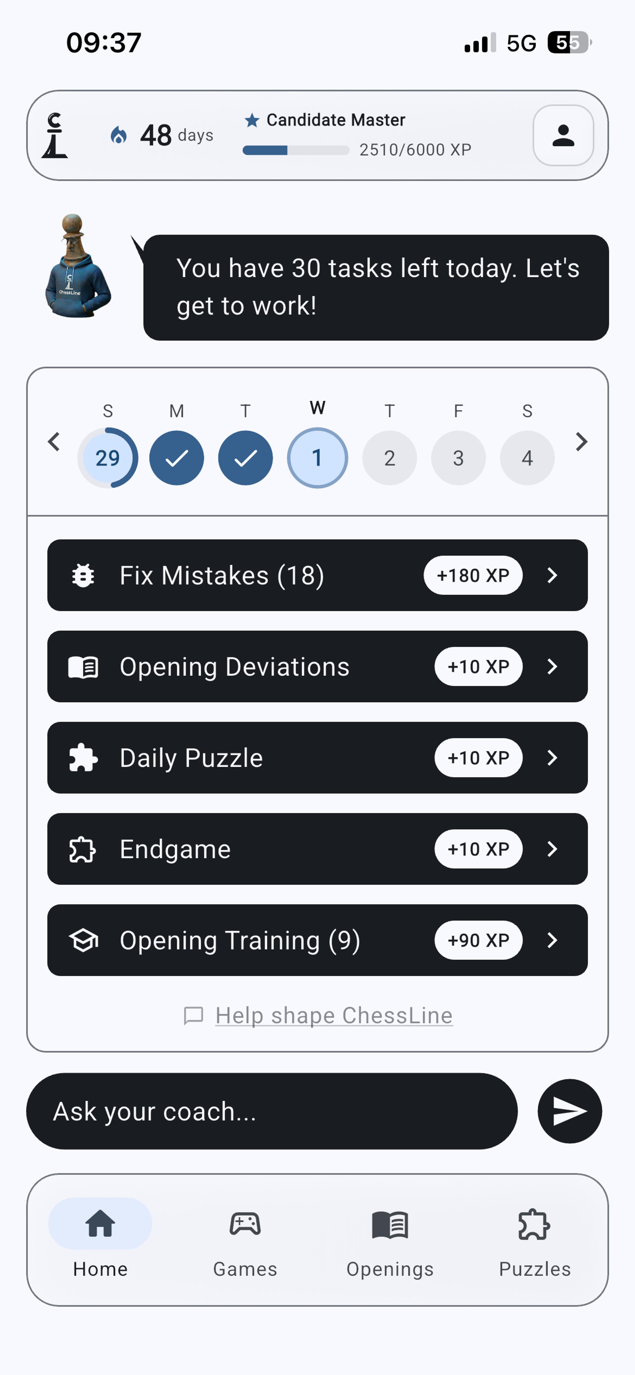 ChessLine mobile app showing daily chess training tasks and XP progress