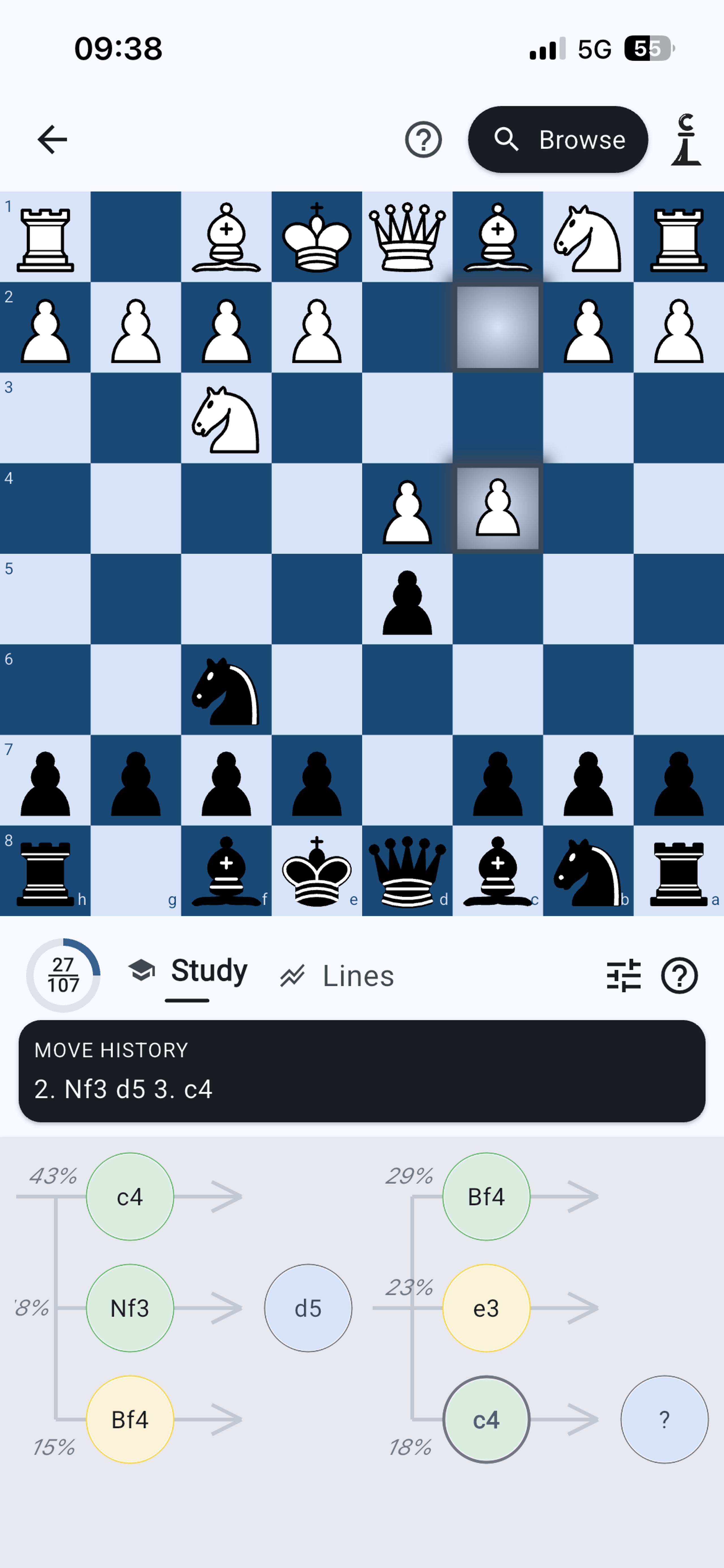 ChessLine mobile opening trainer with board position and opening line recommendations